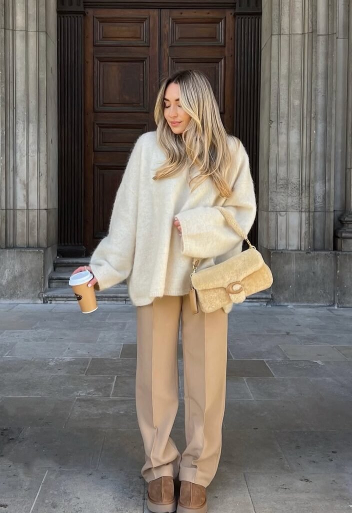 White Oversized Knit Sweater + Beige Wide-Leg Trousers + Brown Slippers + Beige Shearling Bag