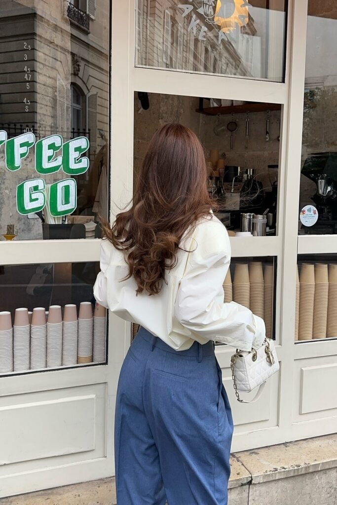 White Oversized Shirt + Blue Pleated Trousers + White Quilted Dior Bag