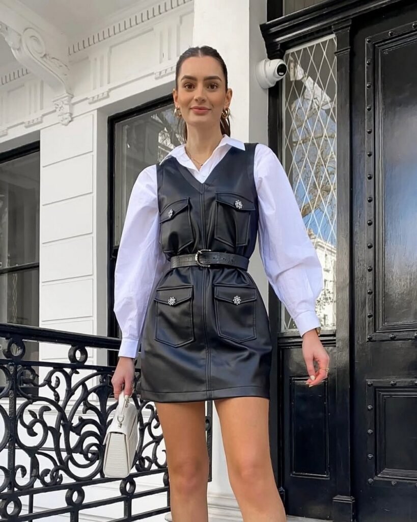 White Puff Sleeve Shirt + Black Leather Mini Dress + Black Waist Belt + White Mini Handbag