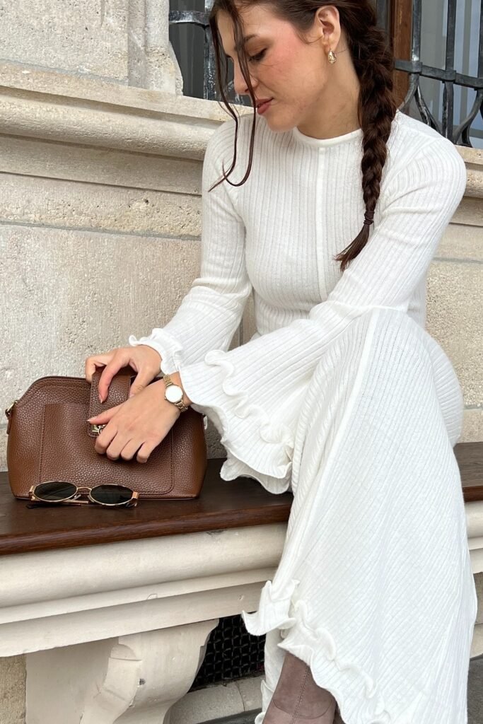White Ribbed Knit Maxi Dress + Brown Structured Bag + Taupe Suede Boots