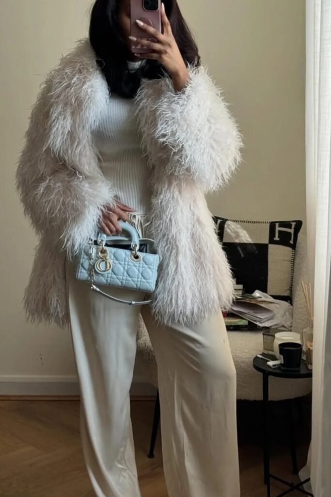 White Ribbed Top + Beige Wide-Leg Pants + White Fluffy Fur Jacket + Powder Blue Quilted Handbag