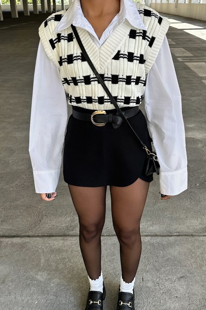 White Shirt + Black & White Checkered Sweater Vest + Black Mini Skirt + Sheer Tights + Loafers with White Socks