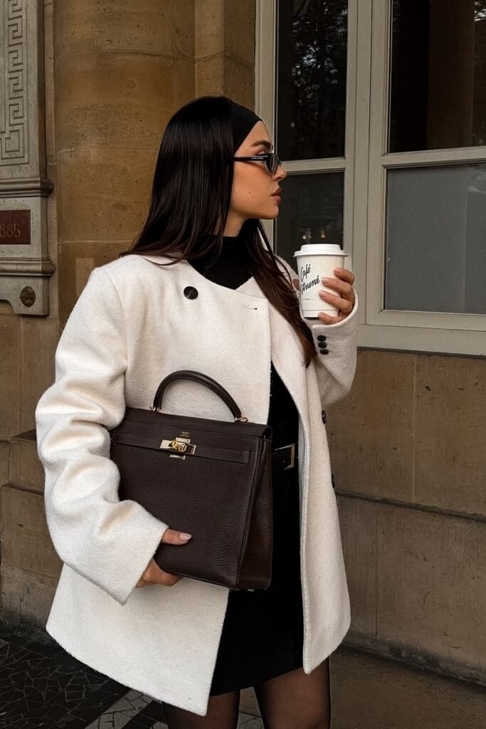 White Short Coat + Black Dress + Black Tights + Dark Brown Kelly Bag