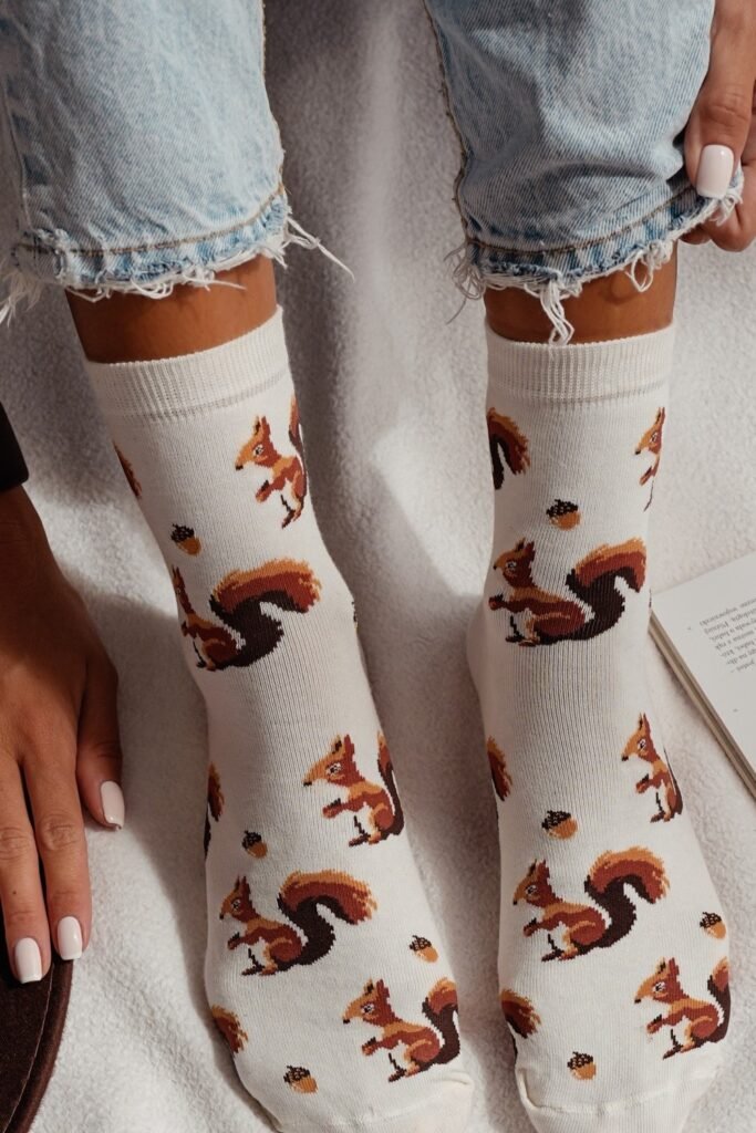 White Socks with Squirrel Print + Light Blue Distressed Hem Jeans