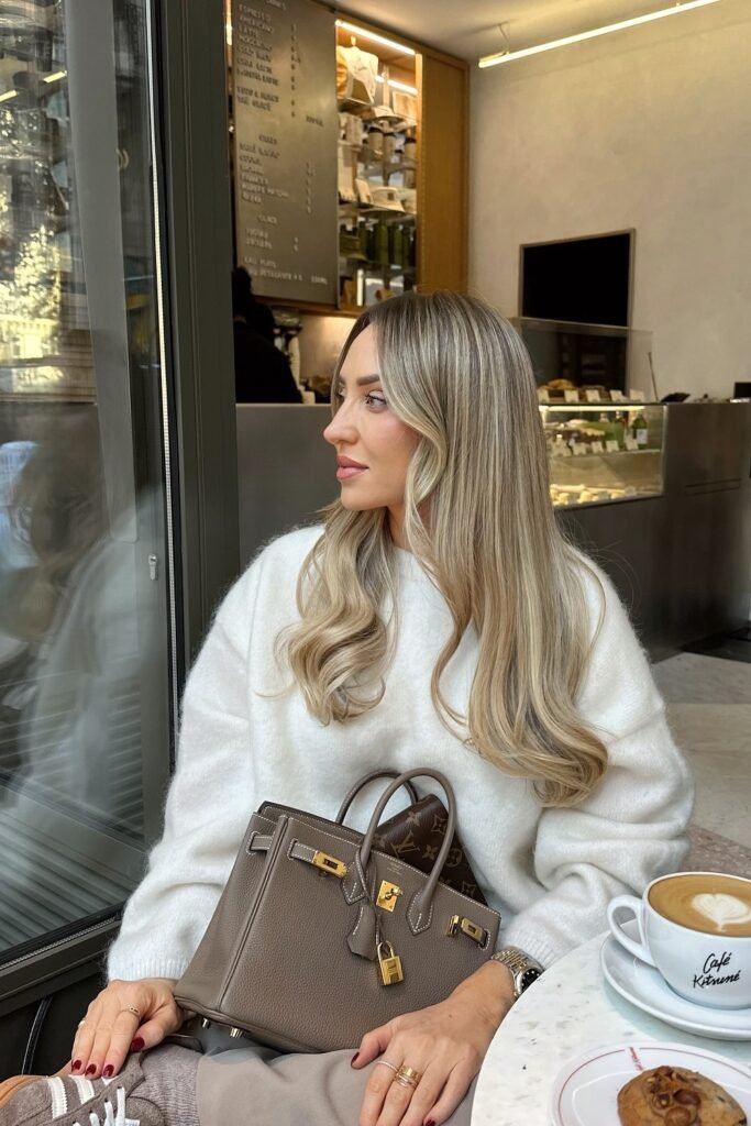 White Sweater + Beige Trousers + Brown Hermes Bag + Coffee Cup