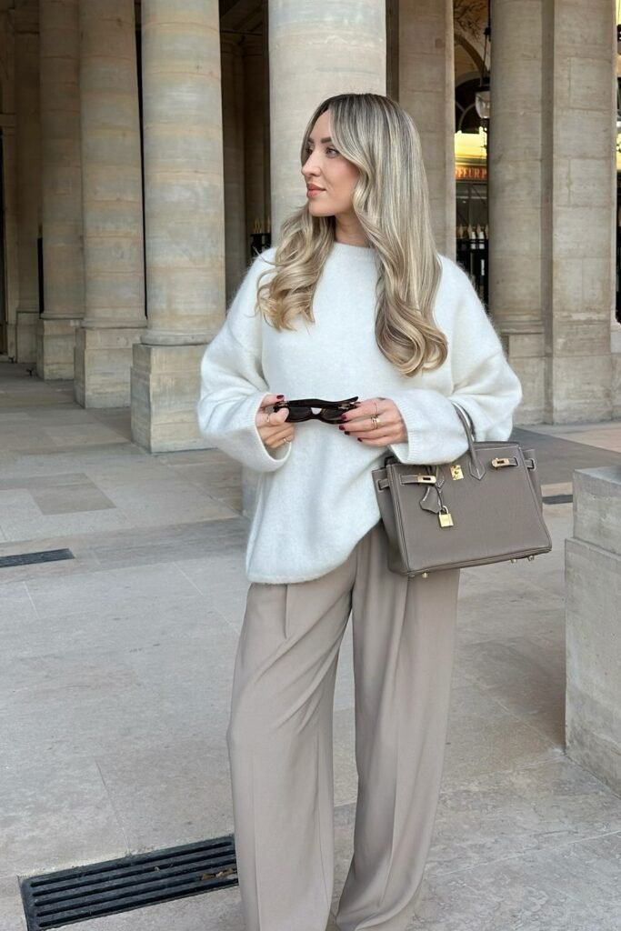 White Sweater + Beige Trousers + Grey Hermes Bag + Sunglasses