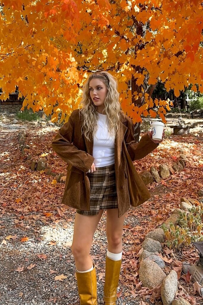 White T-Shirt + Brown Oversized Blazer + Plaid Mini Skirt + Yellow Knee-High Boots + White Socks