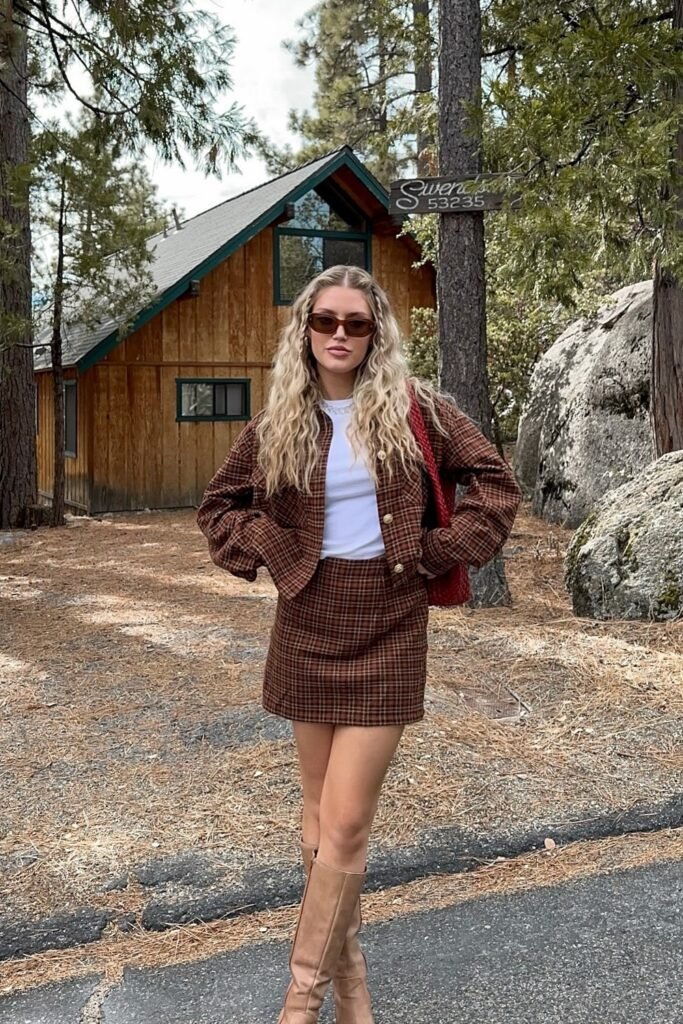 White T-Shirt + Brown Plaid Cropped Blazer + Brown Plaid Mini Skirt + Beige Knee-High Boots