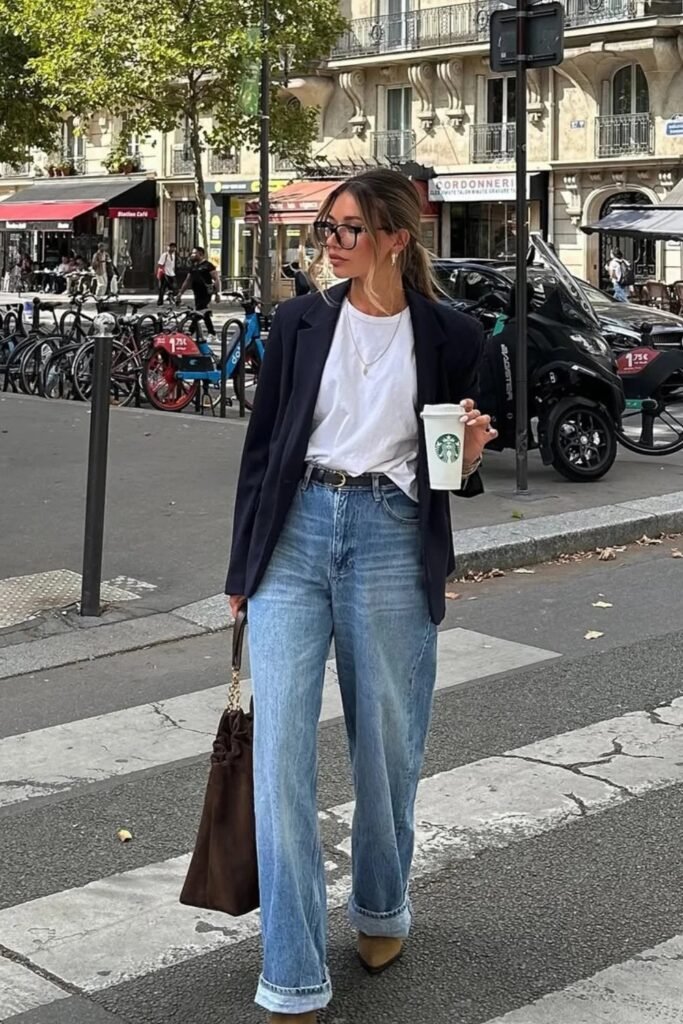 White T-Shirt + Oversized Black Blazer + Wide-Leg Blue Jeans + Pointed-Toe Beige Heels