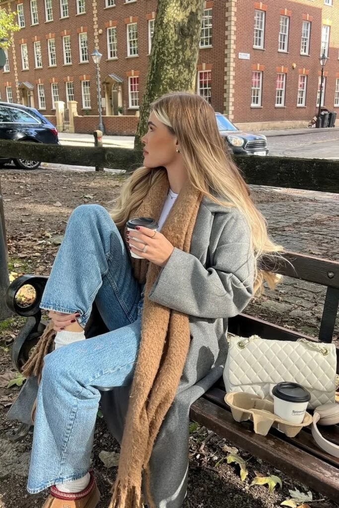 White Tee + Grey Oversized Coat + Camel Knit Scarf + Blue Straight-Leg Jeans + Beige Loafers + Quilted White Bag