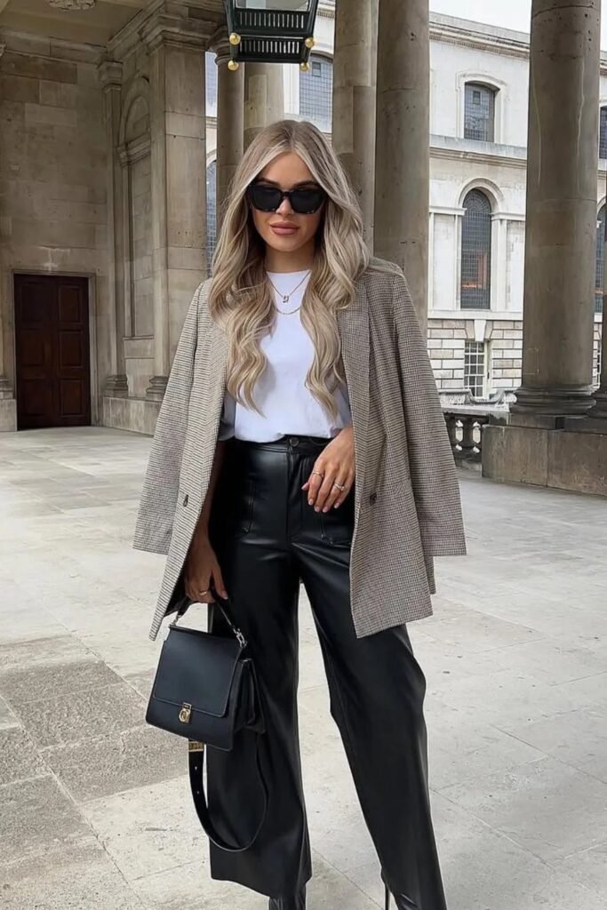 White Tee + Houndstooth Blazer + Black Leather Pants + Black Structured Bag + Sunglasses