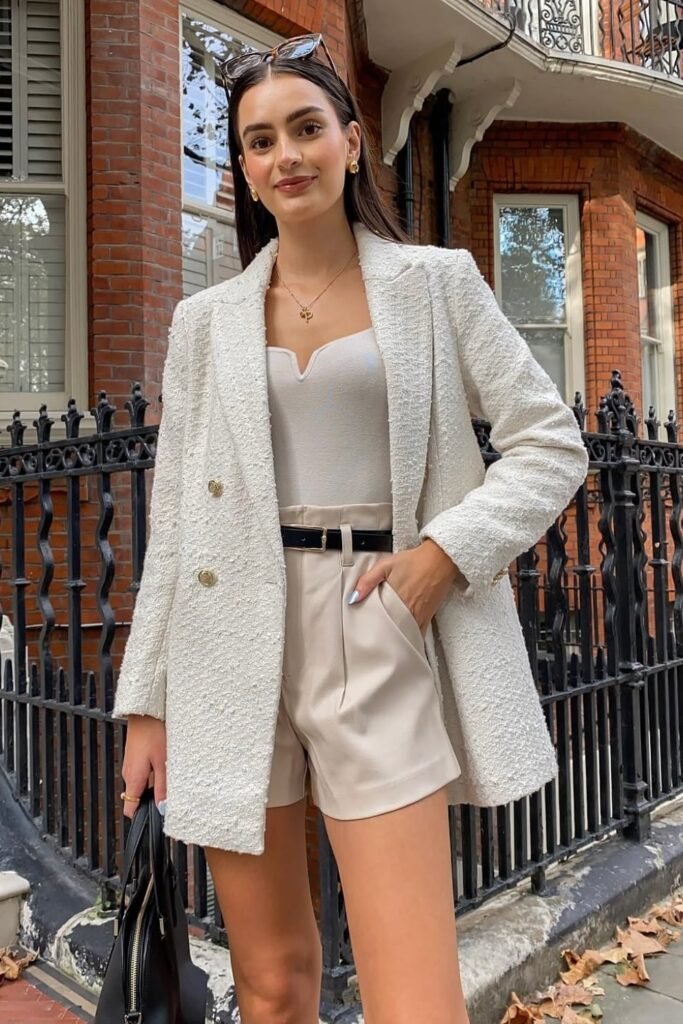 White Textured Blazer + White Bustier Top + Beige Tailored Shorts + Black Belt + Black Tote Bag