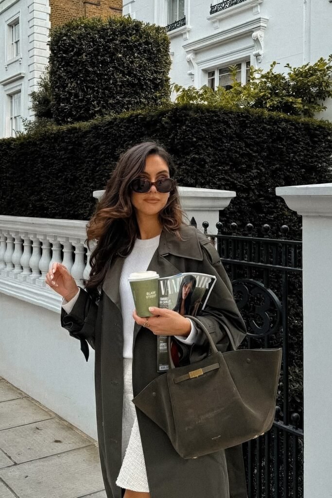 White Textured Dress + Dark Green Trench Coat + Oversized Tote + Sunglasses