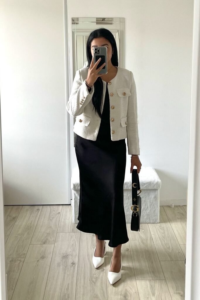 White Tweed Cropped Jacket + Black Satin Midi Dress + White Pointed-Toe Heels