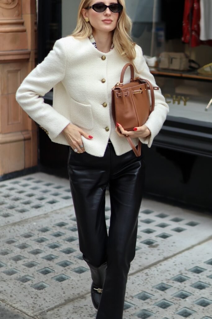 White Tweed Jacket + Black Leather Pants + Brown Handbag