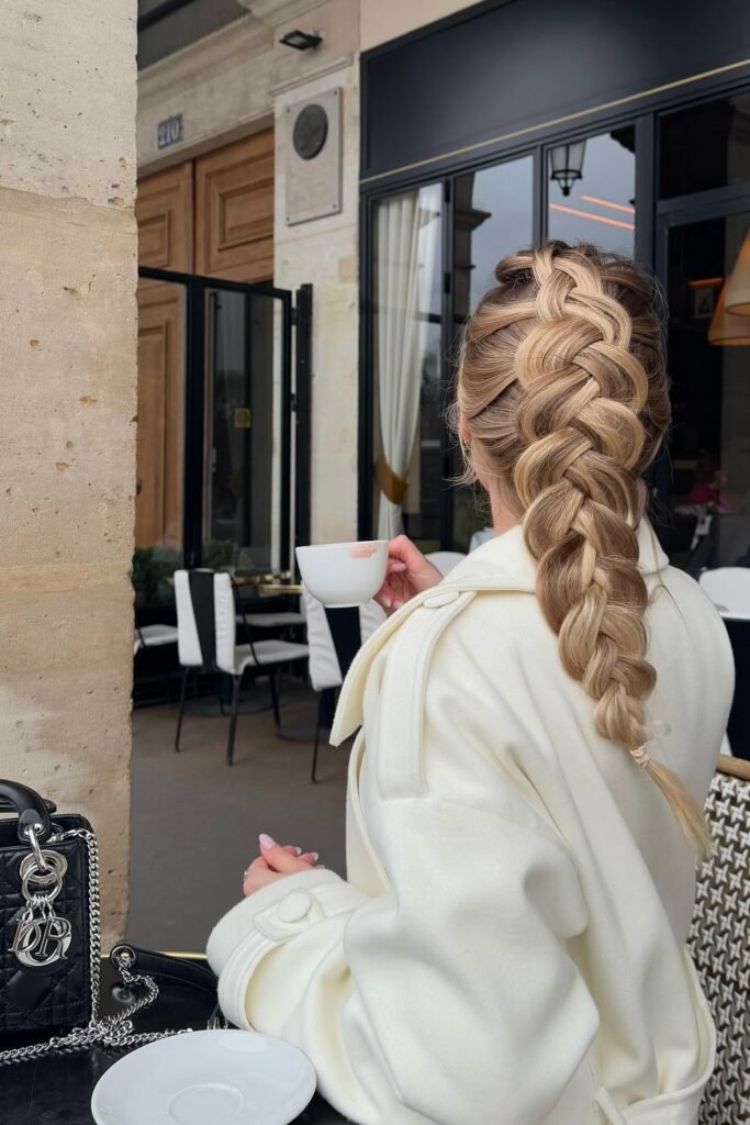 White Wool Trench Coat + French Braid Hairstyle + Black Quilted Dior Bag