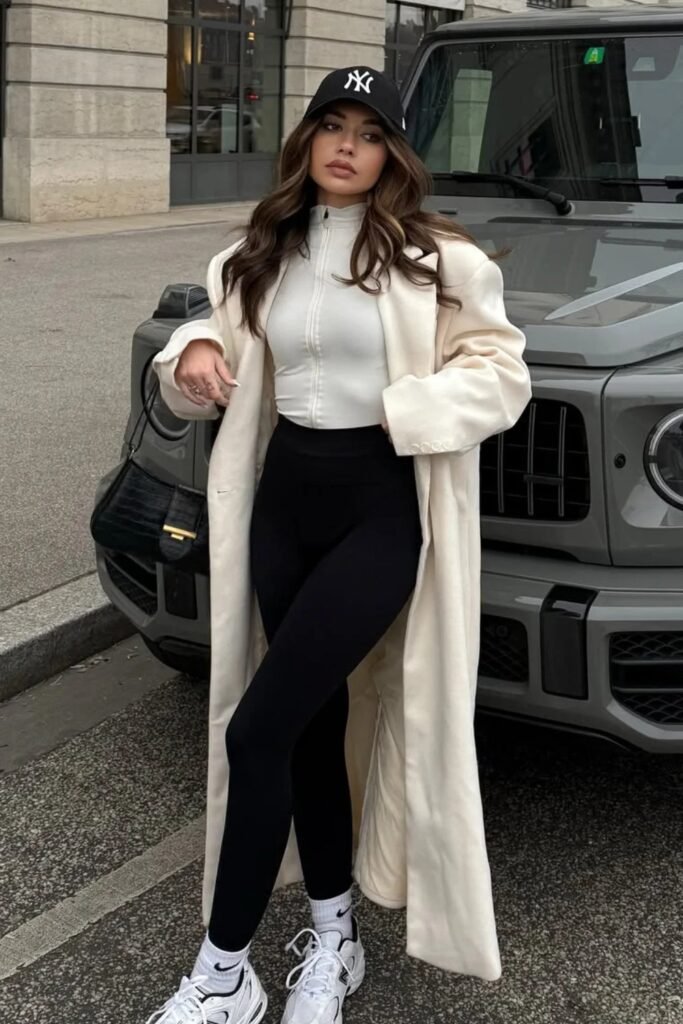 White Zip-Up Top + Cream Long Coat + Black Leggings + White Sneakers + Black Cap