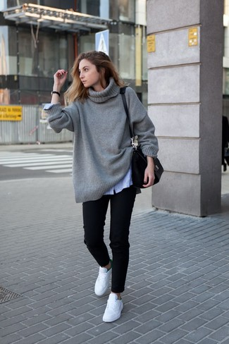 Grey Oversized Sweater + Black Skinny Jeans + Sneakers