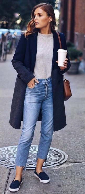 Navy Wool Coat + Grey Sweater + Blue Jeans