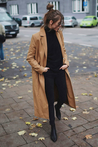 Black Turtleneck + Camel Coat + Straight-Leg Jeans