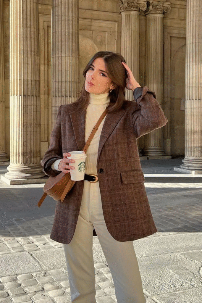 Brown Tweed Blazer + Cream Turtleneck + Wide-Leg Trousers