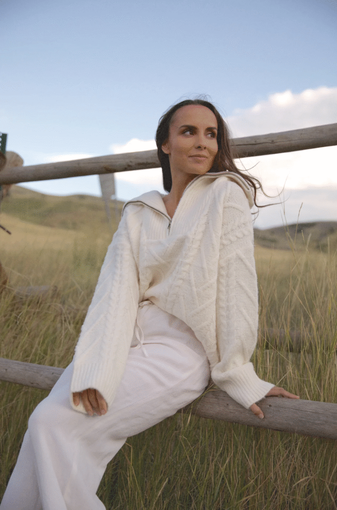 Cream Half-Zip Sweater + Cream Trousers + Sneakers