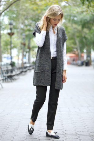 Long Vest Over a Blouse and Pants