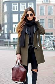 Dark Green Wool Coat + Beige Scarf + Black Pants