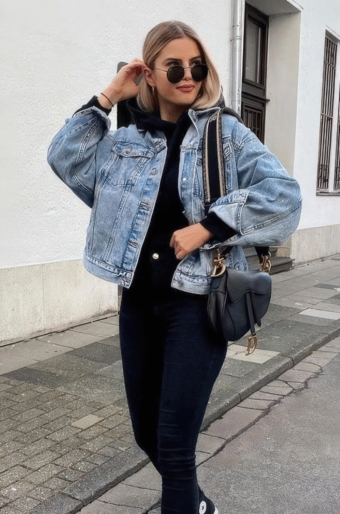 Denim Jacket + Grey Hoodie + Black Jeans