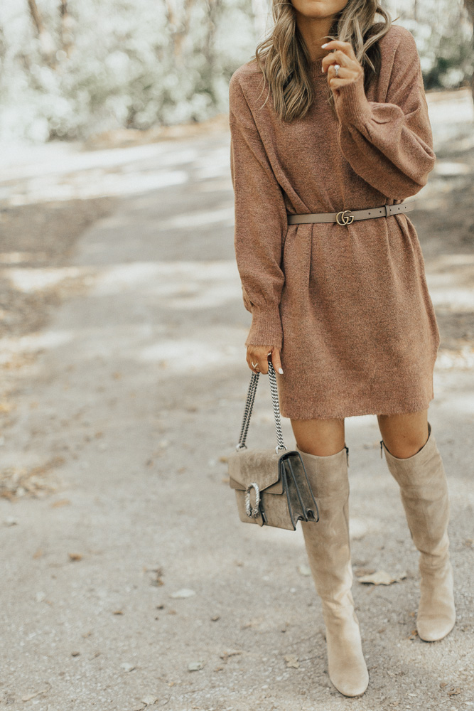 Brown Sweater Dress + Belt + Tall Boots