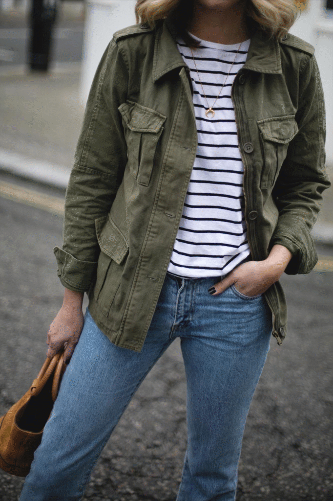 Khaki Utility Jacket + Striped Shirt + Jeans