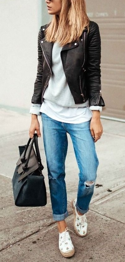 Classic Leather Jacket + White Tee + Blue Jeans