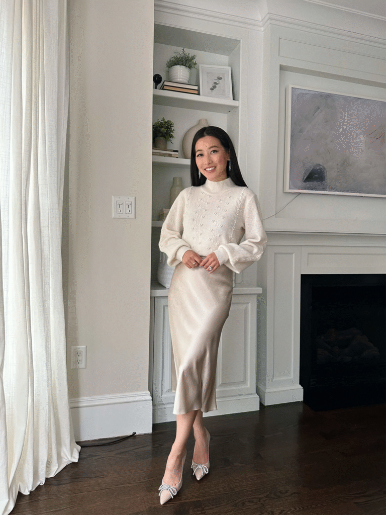 Beige Sweater + Satin Skirt + Ankle Boots