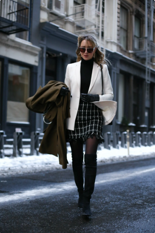 Checked Skirt with a Turtleneck and Blazer