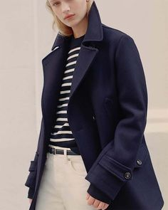 Navy Peacoat + Striped Sweater + Trousers