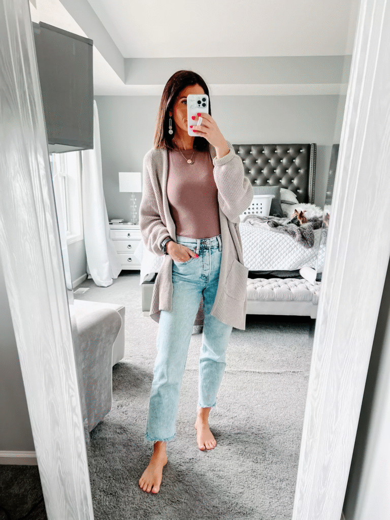 Chunky Cardigan + Tank Top + Straight-Leg Jeans