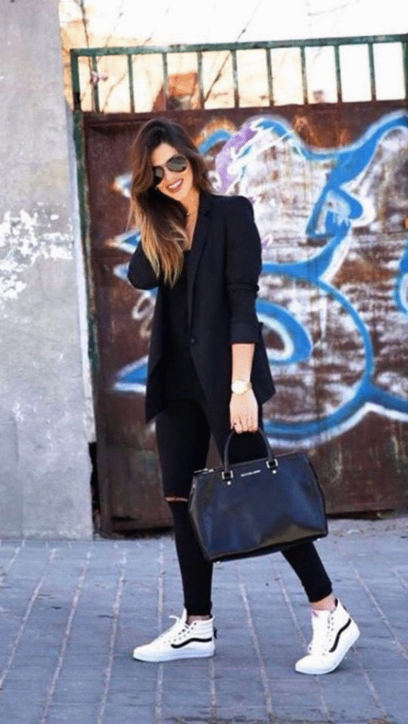 Blazer + Black Dress + Sneakers