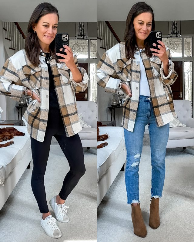 Plaid Shacket + Black Leggings + White Sneakers