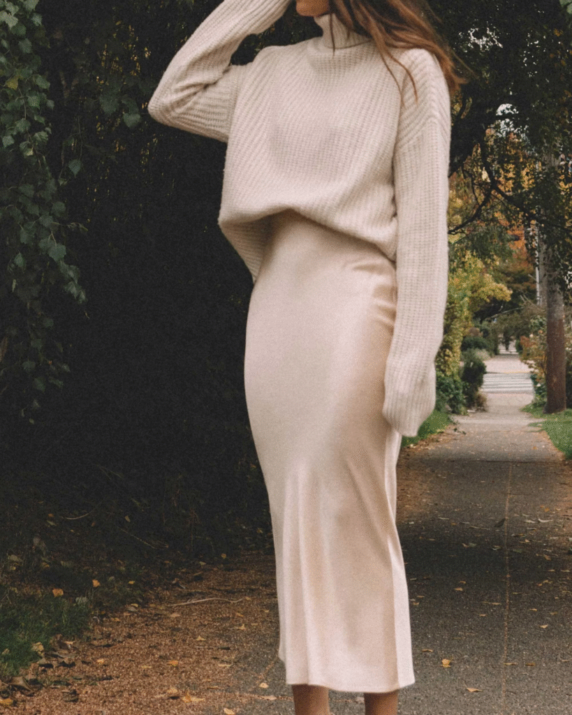 Satin Slip Skirt And A Cozy Knit