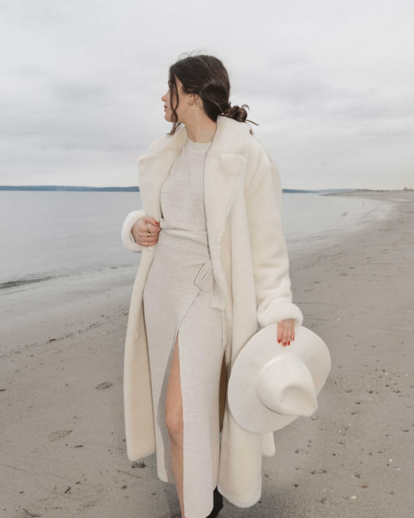 Faux Fur Coat Over A Simple Dress