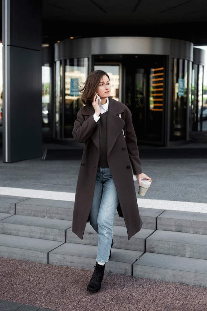 Double-Breasted Coat + Wide-Leg Jeans + Loafers