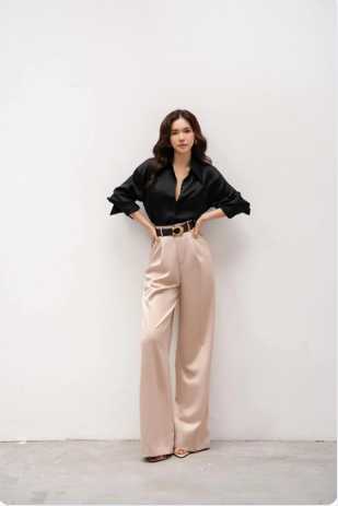 Wide-Leg Trousers with a Silk Blouse and Belt