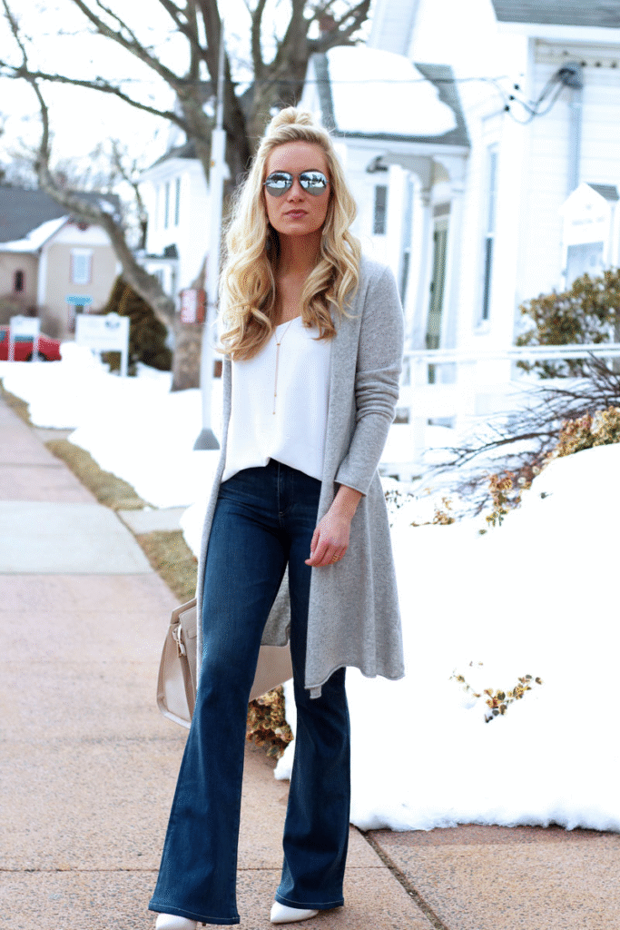 Longline Cardigan with a Tank and Flared Jeans