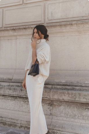 Satin Skirt with a Knit Sweater