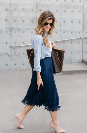 Pleated Midi Skirt with a Button-Up Shirt