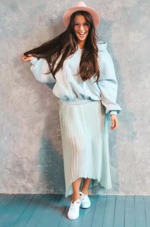 Cream Sweater + Flowy Skirt + Sneakers + Wide-Brim Hat