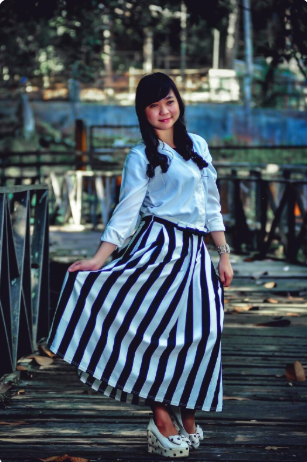 Striped Skirt + Blue Shirt + Crop Top