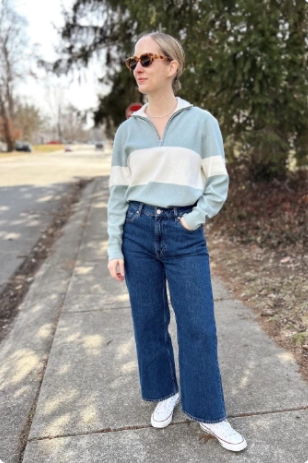 Half-Zip Sweater + Wide-Leg Jeans + Sneakers
