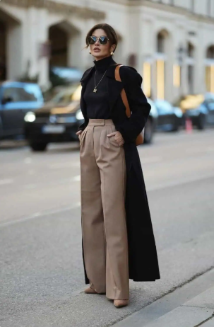 Black Turtleneck + Wide-Leg Trousers + Long Coat