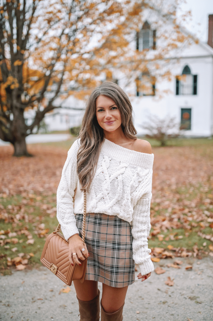Plaid Skirt + White Knit Top
